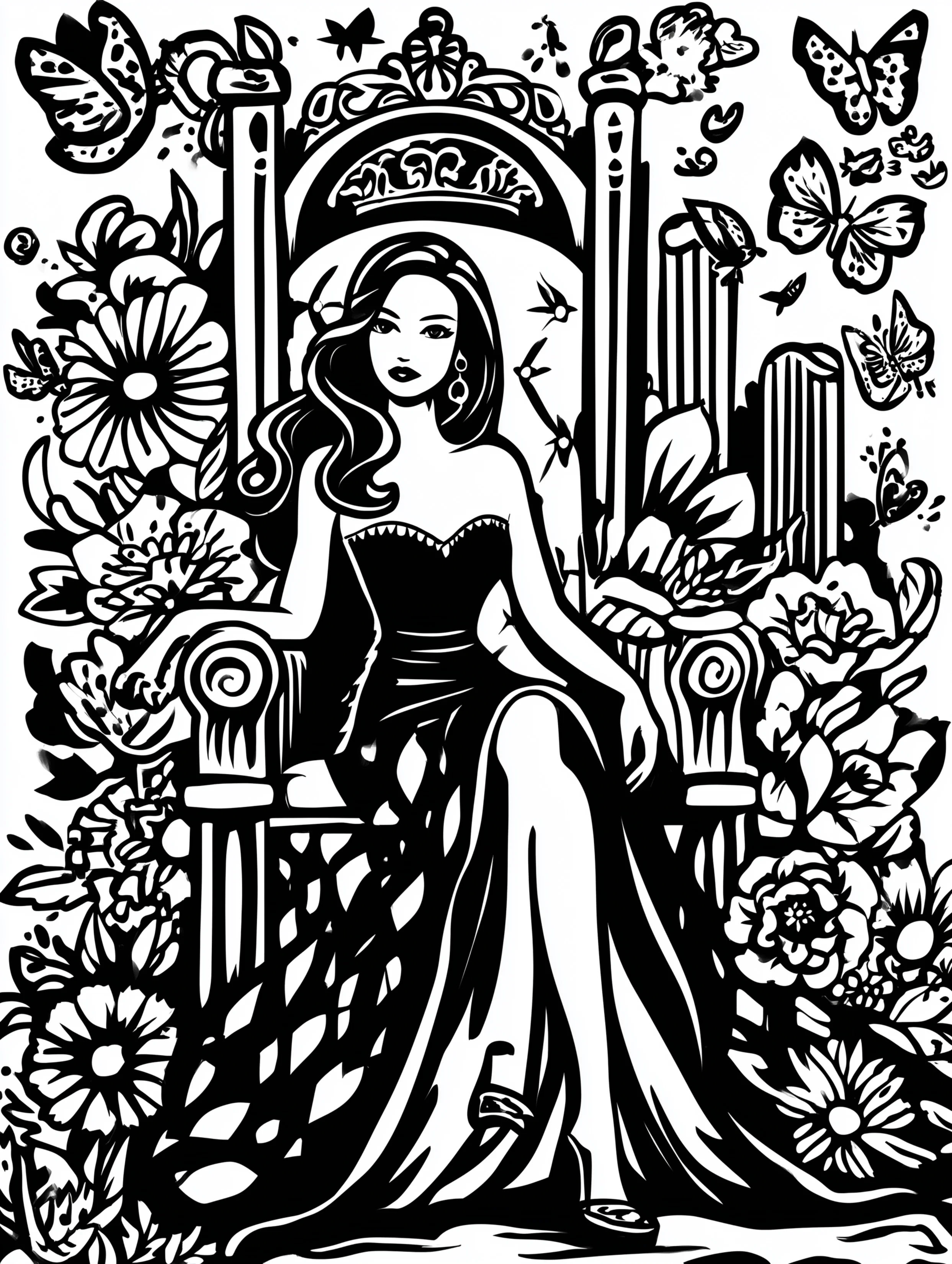 Free printable queen coloring page for adults featuring a queen leaning against a throne